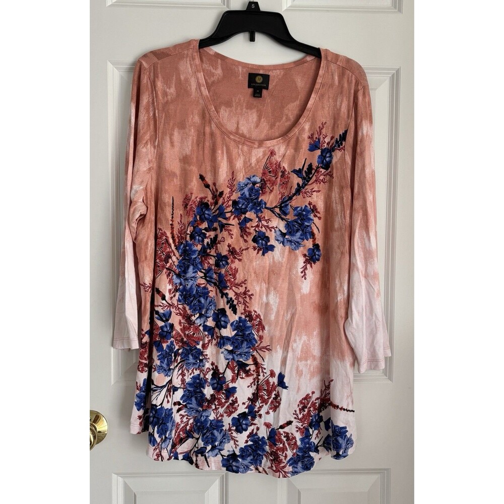 JM COLLECTION WOMENS TOP CREW NECK 3/4 SLEEVE FLORAL PRINT PULLONSIZE 0X, 1X, 2X